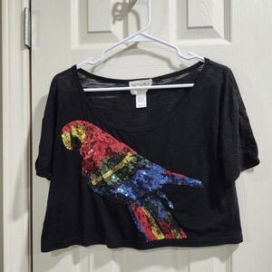Ya Ya Club Women's Small Black Crop Top Sequin Parrot Bird Graphic Tee